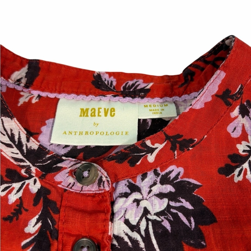 Maeve Anthropologie Top Womens Medium Red Cotton Floral Blouse Button Up - Picture 6 of 9